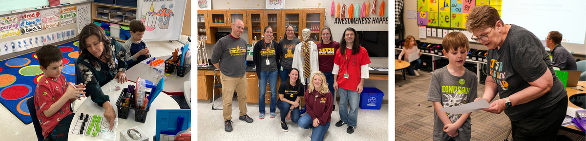 Teachers working with students and the Turpin science department posing for a group photo